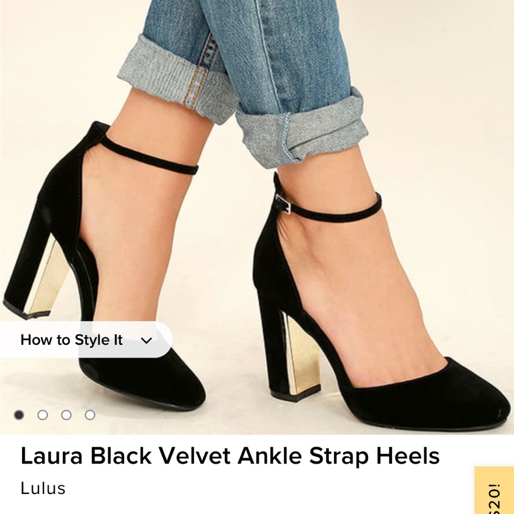 2 for $25 
Black block heels from Lulus with gold detail.